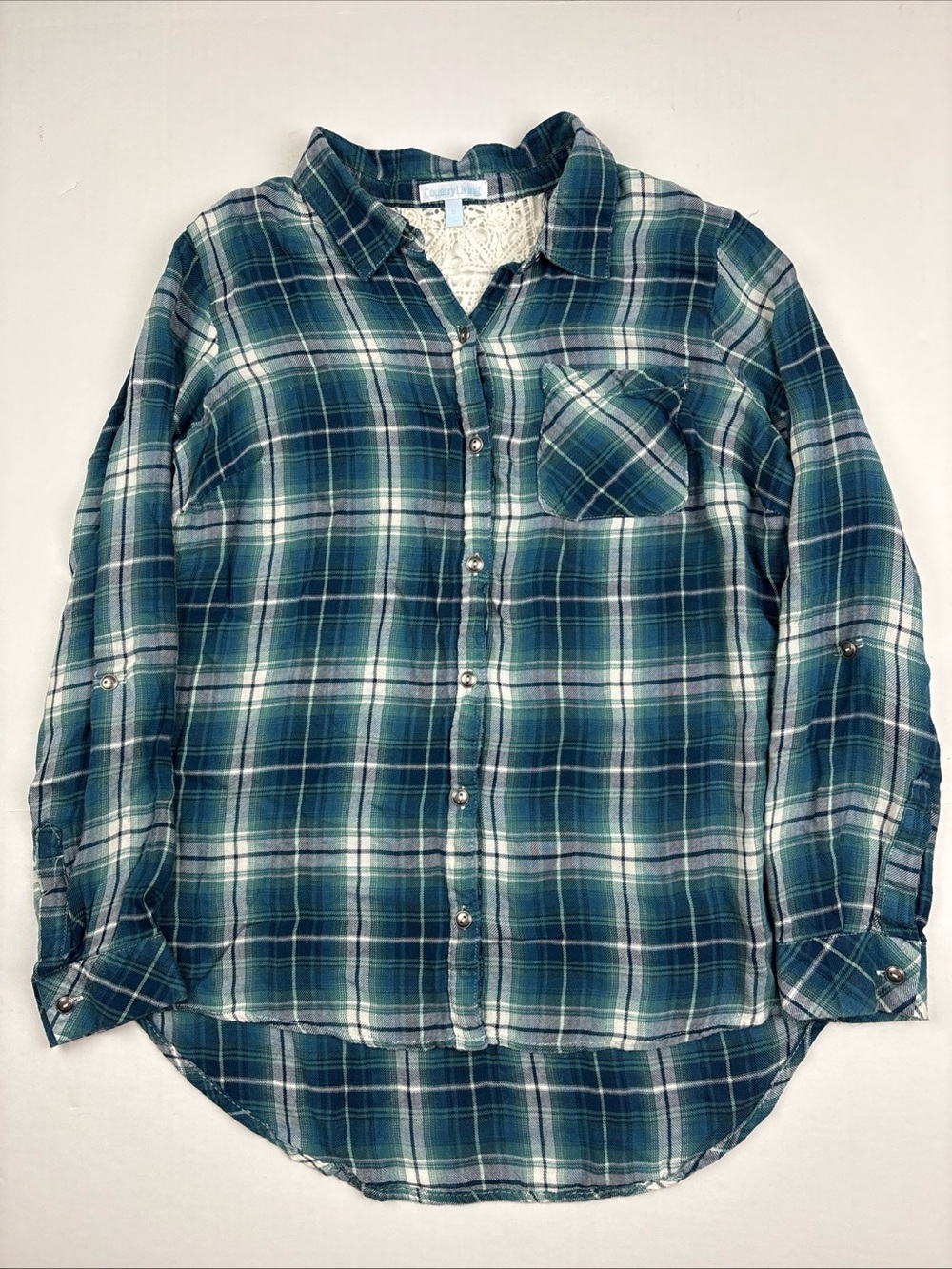 Country Living Women Small Shirt Teal Plaid Crochet Back Panel Button Up Rayon